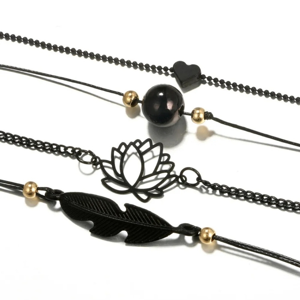 4pc Black & Gold Charm Layering Bracelets Feather Lotus Flower Heart Bead - Picture 3 of 13